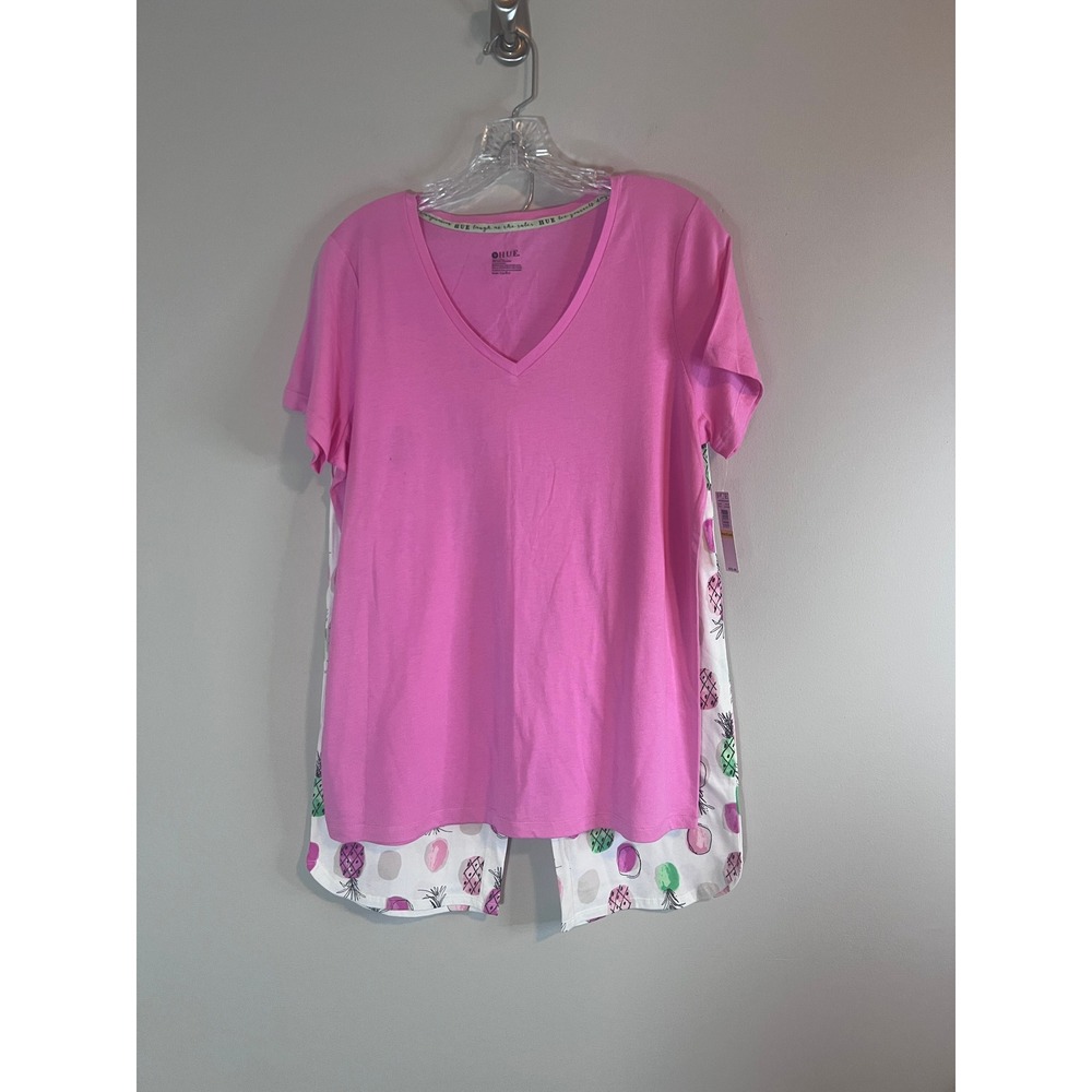 HUE Womens 2 Piece Pajama Set Pink V-Neck Top Pineapple Capri Pants PJ72213 M